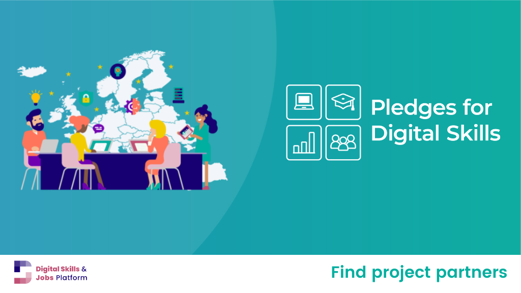 Image with blue and green background, logo of the Pledges initiative: Pledges for Digital Skills, and the call to action to join the conversation to share your pledge. As items, there are people at the computer talking with some tech symbols.