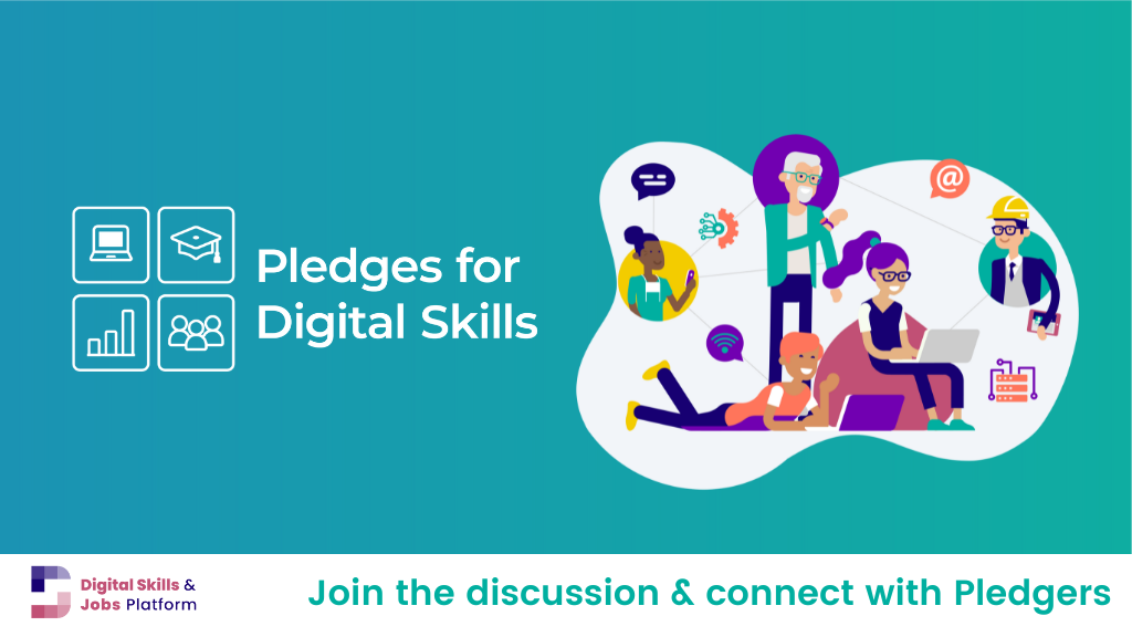Image with blue and green background, logo of the Pledges initiative: Pledges for Digital Skills, and the call to action to join the conversation to share your pledge. As items, there are people at the computer talking with some tech symbols.