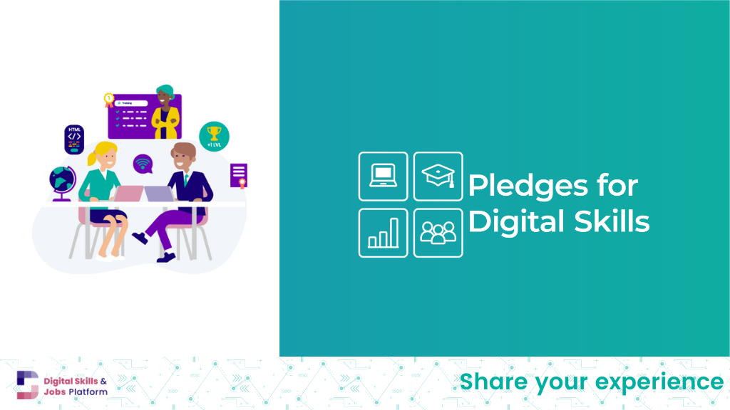 Image with blue and green background, logo of the Pledges initiative: Pledges for Digital Skills, and the call to action to join the conversation to share your pledge. As items, there are two people at the computer talking with some tech symbols..