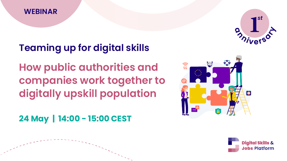 Event visual with webinar title "Teaming up for digital skills - how public authorities and companies work together to digitally upskill population"