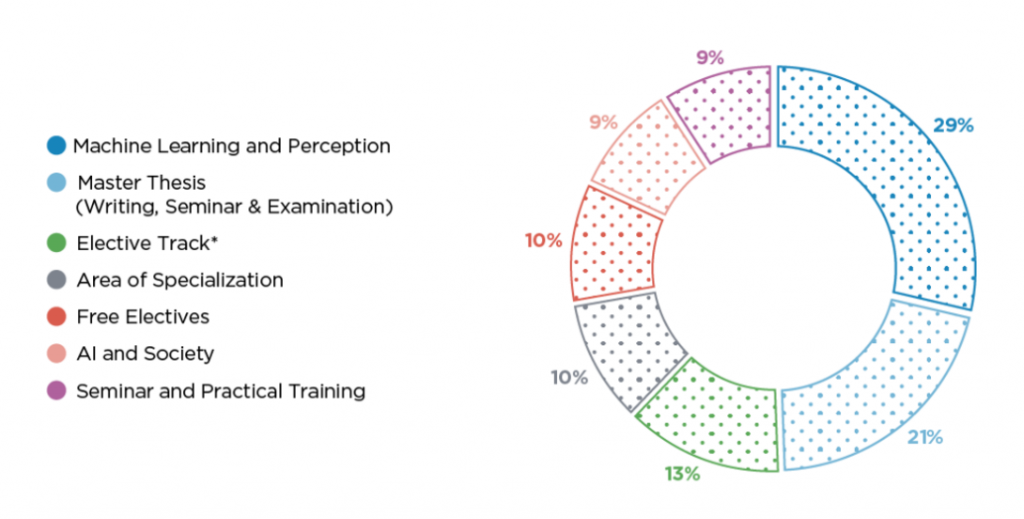 Pie chart showing the division of courses in the JKU Master's Degree in Artificial Intelligence
