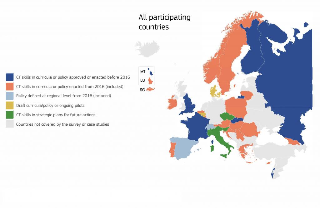 Visual summary of the participating countries of the study with a colour classification according to their computational thinking policies or curricula in effect before or after 2016