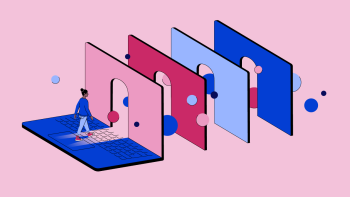 Illustration of a laptop with a door in the screen and a character walking through it