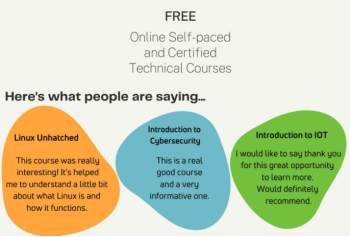 Free online self paced and certified courses and some colourful bubbles with comments from the participants of the course
