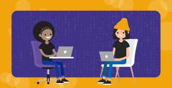 cartoon boy and cartoon girl programming