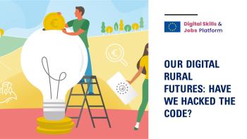 A banner with the title of the article "Rural Digital Futures" and a cartoon image of a man on top of a light bulb. Image taken from the Rural Toolkit, European Commission.