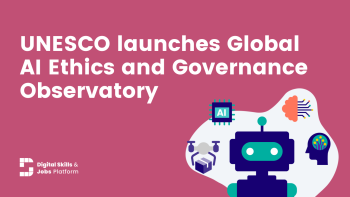 l'immagine decorativa con foto di robot e testi dell'UNESCO lancia l'Osservatorio mondiale sull'etica e la governance dell'IA