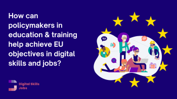 Education and policymakers Digital Brief banner, blue background with text and people illustration with EU stars 