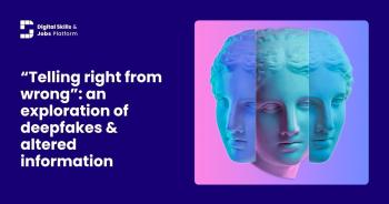 3D image of an ancient sculpture on dark blue background, with white text. Text reads: "“Telling right from wrong”: an exploration of deepfakes & altered information"