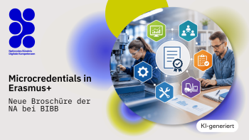 An illustration showing a woman operating a machine and a man using a laptop. Symbols representing technology, commercial activities, skills and certification stand for microcredentials in vocational education and training.