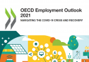 Cover of the OECD report with a cartoon landscape and cartoon figures working in different settings