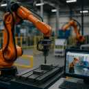 TalTech MERIT MOOC course image showing an industrial robot in a smart production lab