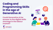 An image displaying an illustration of 2 people working together online, with the logo of DSJP next to it and text. Text reads: "Coding and Programming Skills in the Age of Generative AI"