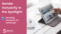 An image of a laptop on a table with pink background on the left side, with white text. Text reads: "Gender diversity in the Spotlight: Decoding Slovenia's ICT landscape"