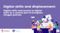 A purple banner with an illustration of a group of people. Text on the left reads: "Digital skills and displacement: digital skills and access to digital work as a central part of European refugee policies