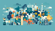 A vector illustration resembling a puzzle of people working with technology on light blue background. 