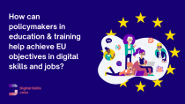 Education and policymakers Digital Brief banner, blue background with text and people illustration with EU stars 
