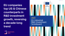A banner with dark-blue cover, displaying the cover of the 2024 EU Industrial Scoreboard; and white text. Text reads EU companies top US and Chinese counterparts in R&D investment growth, reversing a decade-long trend