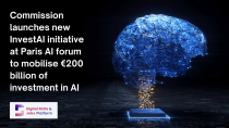Image of an artificial brain on a black background, with white text. Text reads: Commission launches new InvestAI initiative to mobilise €200 billion of investment in AI