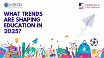 An illustration of school objects on a white background with dark blue text. Text reads: What are the trends shaping education in 2025?