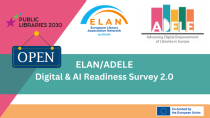 Banner for the ELAN/ADELE Digital & AI Readiness Survey 2.0, with logos of Public Libraries 2030, ELAN and ADELE