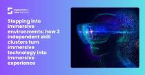An image of a robot with VR glasses on gradient blue and purple background, with white text. Text reads: "Stepping into immersive environments: how 3 independent skill clusters turn immersive technology into immersive experience"