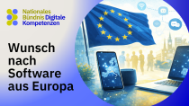 Laptop and European flag; text: “Desire for more software from Europe”