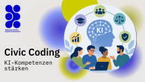 Graphic titled “Civic Coding – Strengthening AI Skills,” showing diverse people around a laptop and an AI head surrounded by icons for education, society, ethics, security, and growth.
