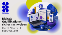Graphic illustrating digital proof of qualifications featuring a laptop, a master craftsman’s certificate, a diploma, and a smartphone with digital authentication; title: “Securely Verifying Digital Qualifications – Certificates & EUDI Wallet”