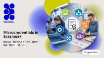 An illustration showing a woman operating a machine and a man using a laptop. Symbols representing technology, commercial activities, skills and certification stand for microcredentials in vocational education and training.