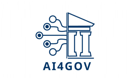 The logo of Ai4Gov is half an ancient temple structure and half an abstract representation of a neural network