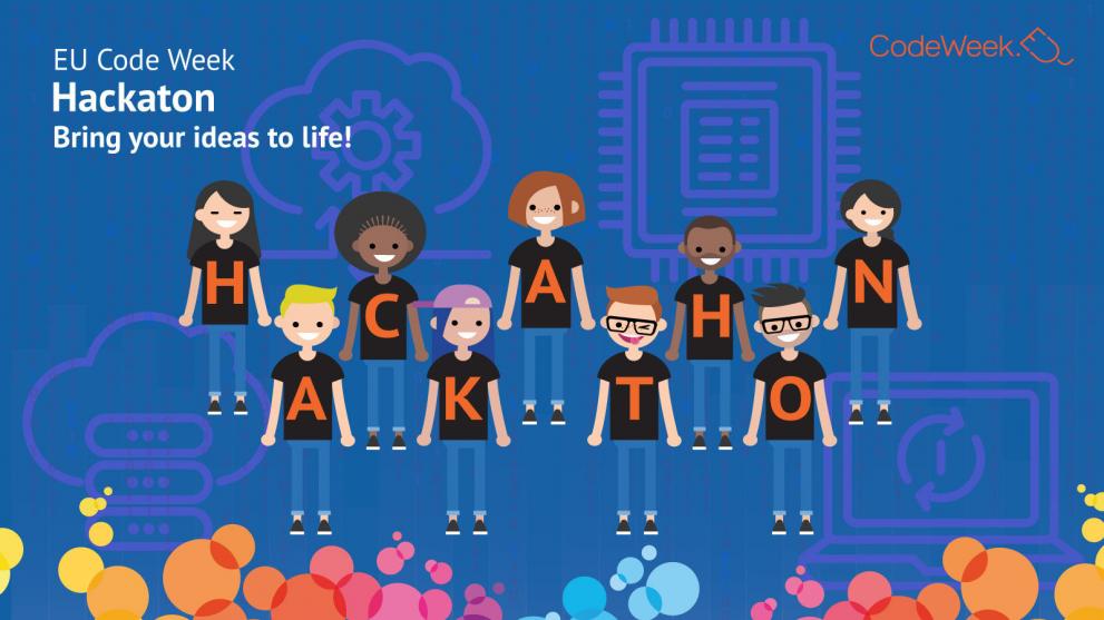 © European Union, 1995-2021 Illustration of sevent students and the word hackathon
