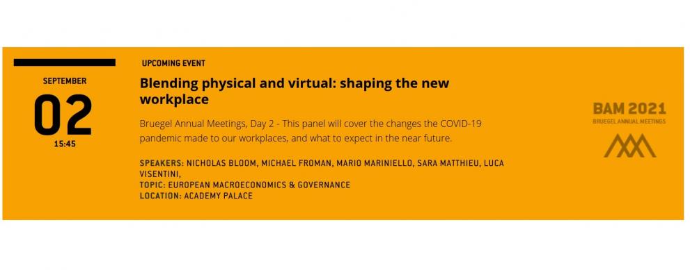 Yellow image with text reading:  Blending physical and virtual: shaping the new workplace. Bruegel Annual Meetings, Day 2 - This panel will cover the changes the COVID-19 pandemic made to our workplaces, and what to expect in the near future.