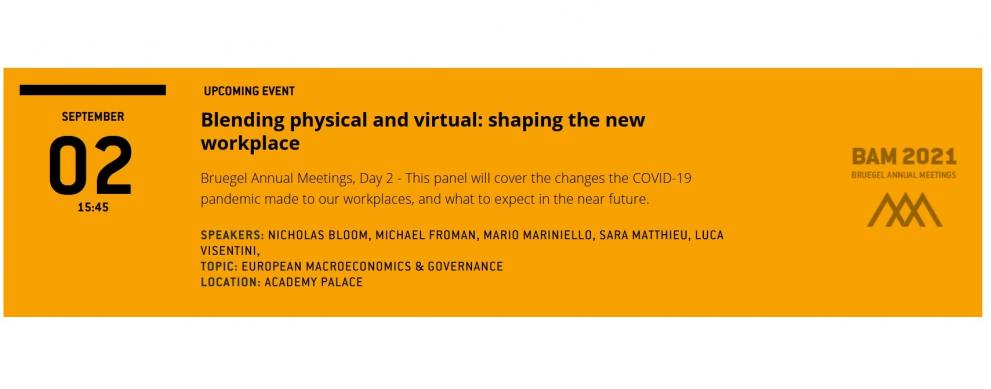 © Bruegel Yellow image with text reading: Blending physical and virtual: shaping the new workplace. Bruegel Annual Meetings, Day 2 - This panel will cover the changes the COVID-19 pandemic made to our workplaces, and what to expect in the near future.