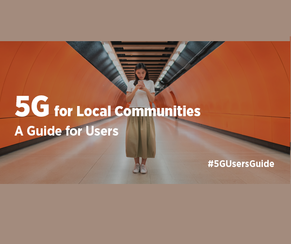 Woman in a long corridor, looking at her phone, the event name '5G for Local Communities: A Guide for Users' is written