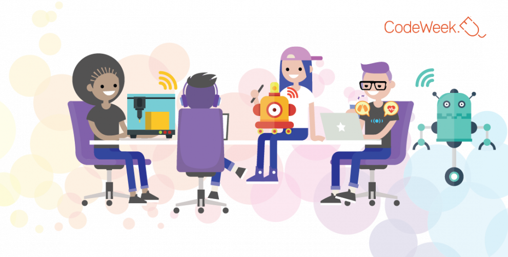 © EU CodeWeek Graphic design of the event: includes the title and 4 teenager cartoon characters of various countries and skin colours around table co-creating something technological