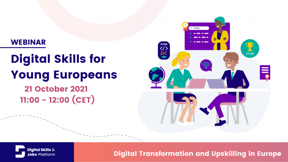 @ Digital Skills and Jobs Platform Title of the event and the date and a cartoon with a girl and a man sitting at a table with a tv screen showing a teacher in the background