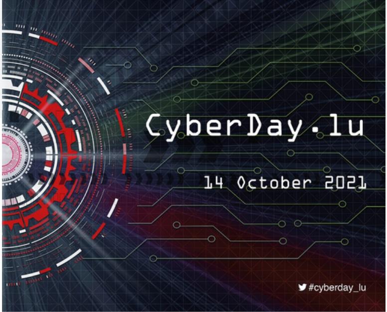 @cyberDay.lu Red and white pattern on the black background, with the event name and date in the middle