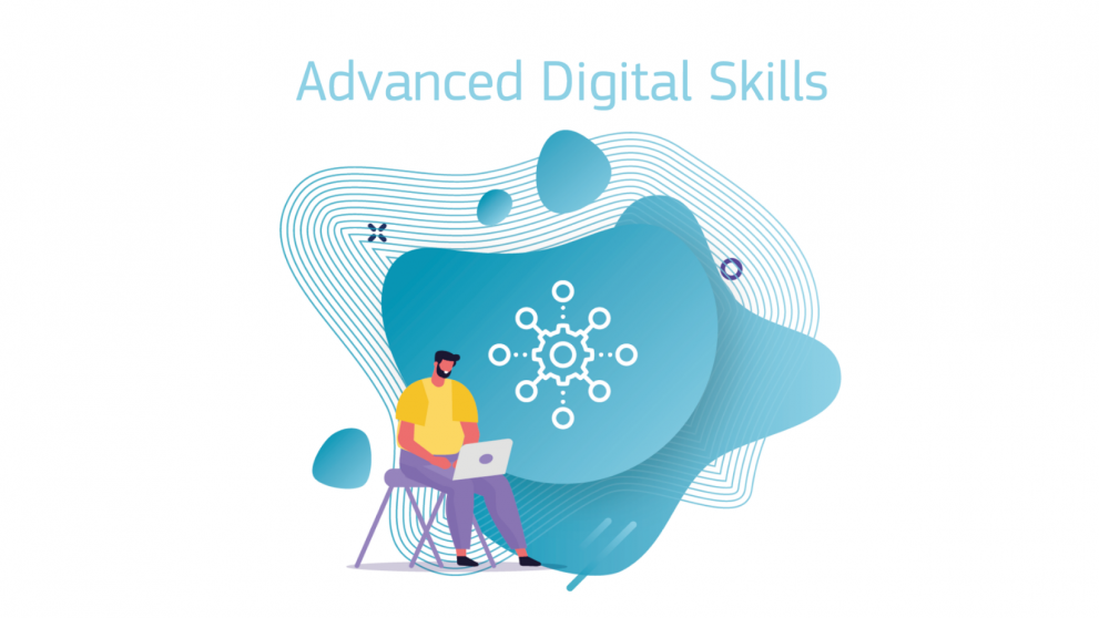 © European Commission logo of the Advanced digital skills programme with a cartoon colourful man using a computer