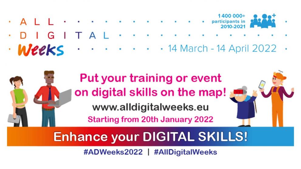 All Digital Weeks 2022: Image with drawings of people and text with information about the 2022 campaign. All Digital Week 2022 - Event poster and key information