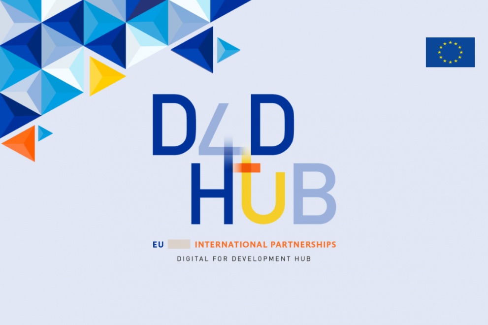 D4D Hub: Colourful letters on a blue background - infographic D4D Hub Poster