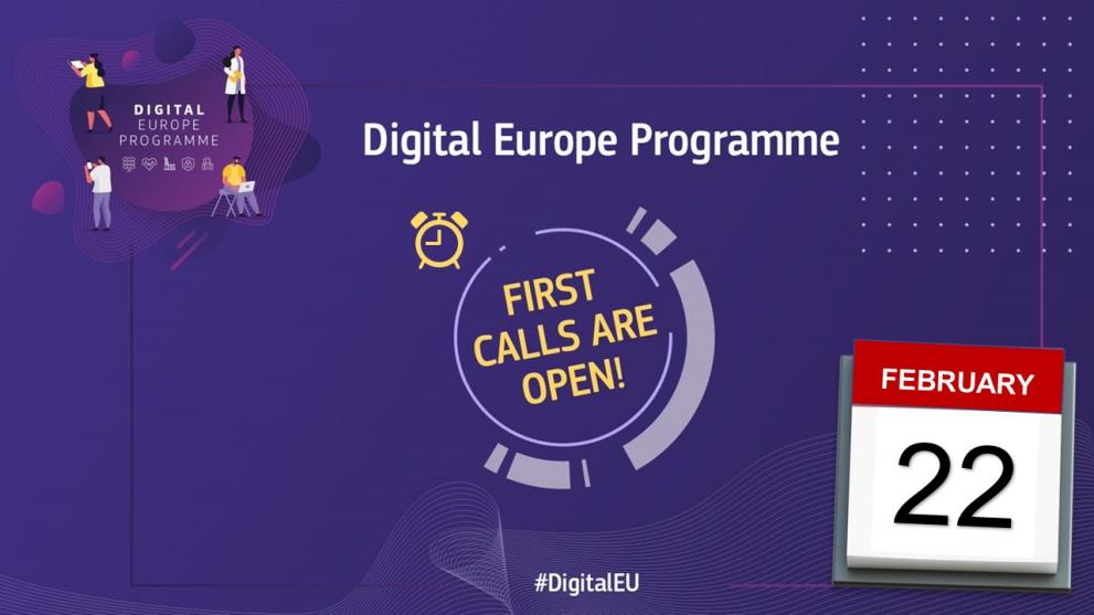 A poster for DIGITAL's calls with a calendar icon to mark the deadline for applications as 22 February.. DIGITAL poster: Advanced Digital Skills Calls closing on 22 February. Credit: European Commission.