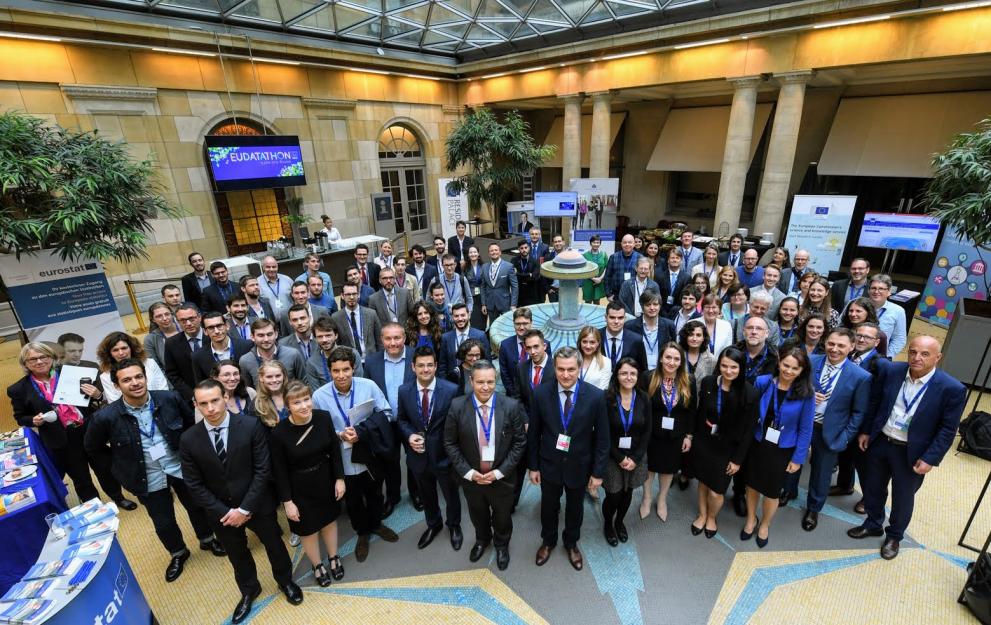 © Publications Office of the European Union the group of datathon participants posing together in a conference room in 2021