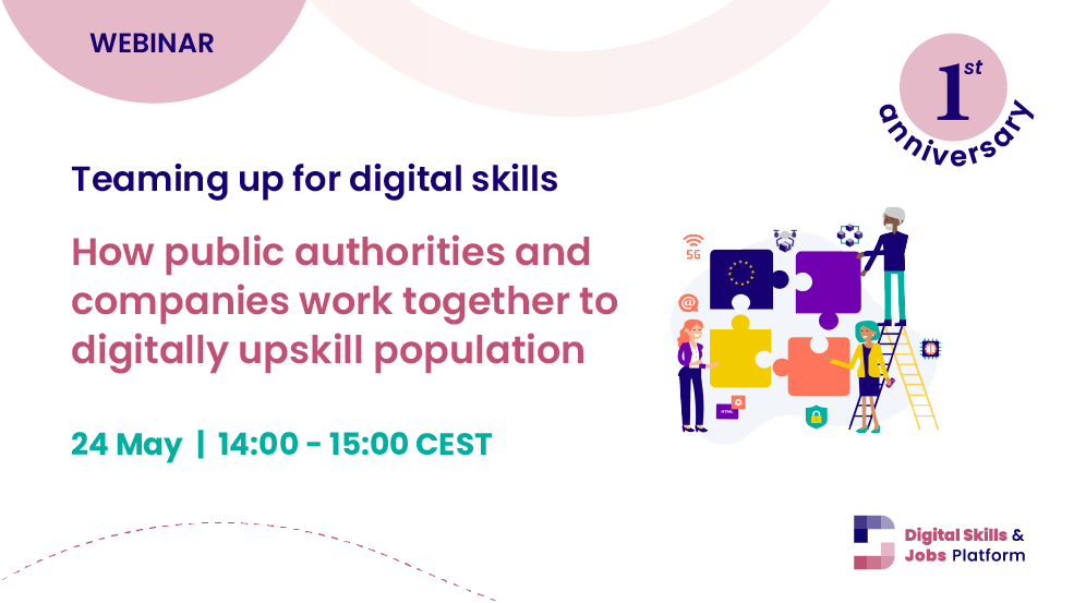 Teaming up for digital skills ”How public authorities and companies work together to digitally upskill population" Event visual with title and infographics