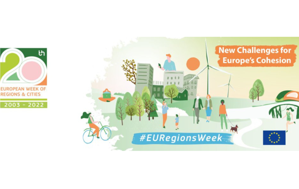 © European Week of Regions and Cities Event poster depicting people walking in the park