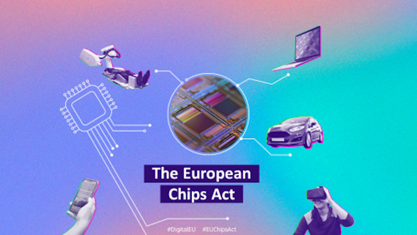 Pink, violet, turquoise gradient background. Photo of a chip in a circle frame in the middle. Connecting dots to a medical machine a laptop and a car. Drawing of a chip on the left and photo of a hand holding a phone. Person using a VR headset on the right. Text in the middle reads "The European Chip Acts"