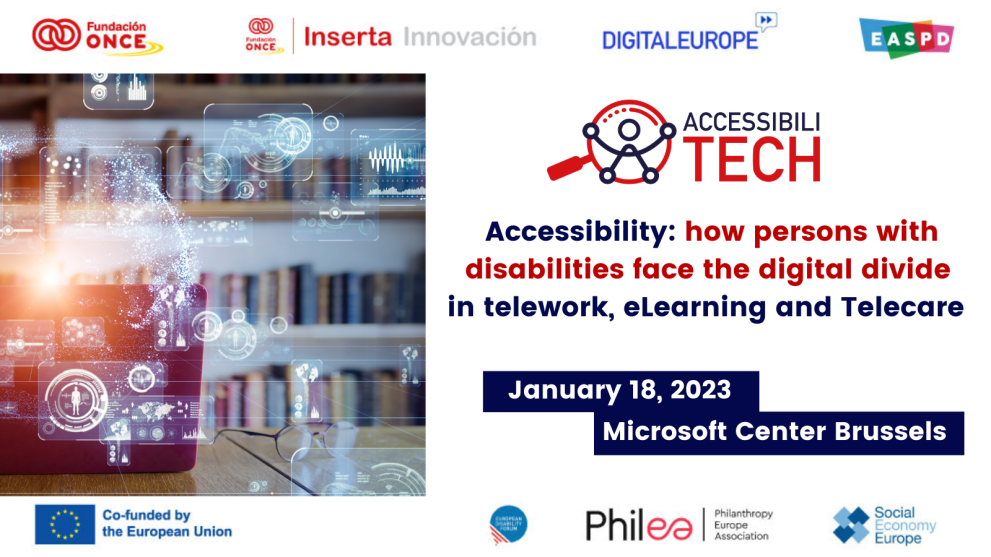 ©ACCESSIBILITECH Visual of the Accessibilitech conference with title, hour and day and the logos of all the partners involved