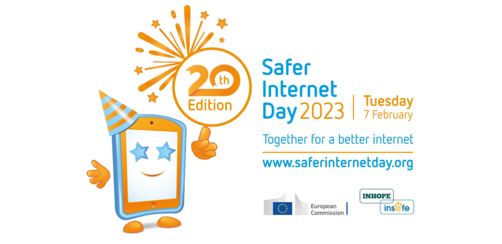 Safer Internet Day 2023 poster showing a character in the format of a smartphone, with a festive hat and pointing to a firework with 2Oth edition written on it - text shows Safer Internet Day 2023 - Together for a better internet