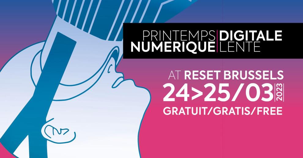 © visit.brussels title and details of the event and a human head with a VR visor