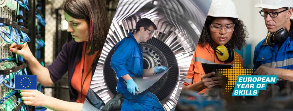 © European Commission Three photos with a diagonal slant. Photo one is a woman working on an server. Photo two is a man working in a turbine. Photo 3 is a woman and man discussing something. EU flag in bottom left corner. European Year of Skills logo in bottom right corner